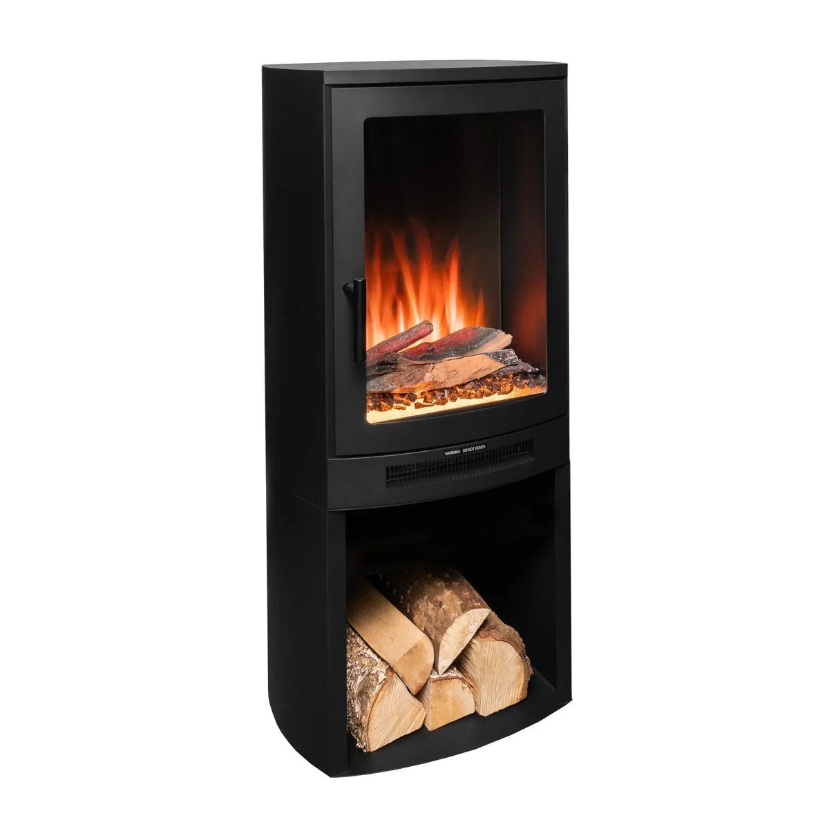 Black electric fireplace stove with log storage compartment and realistic flame effect