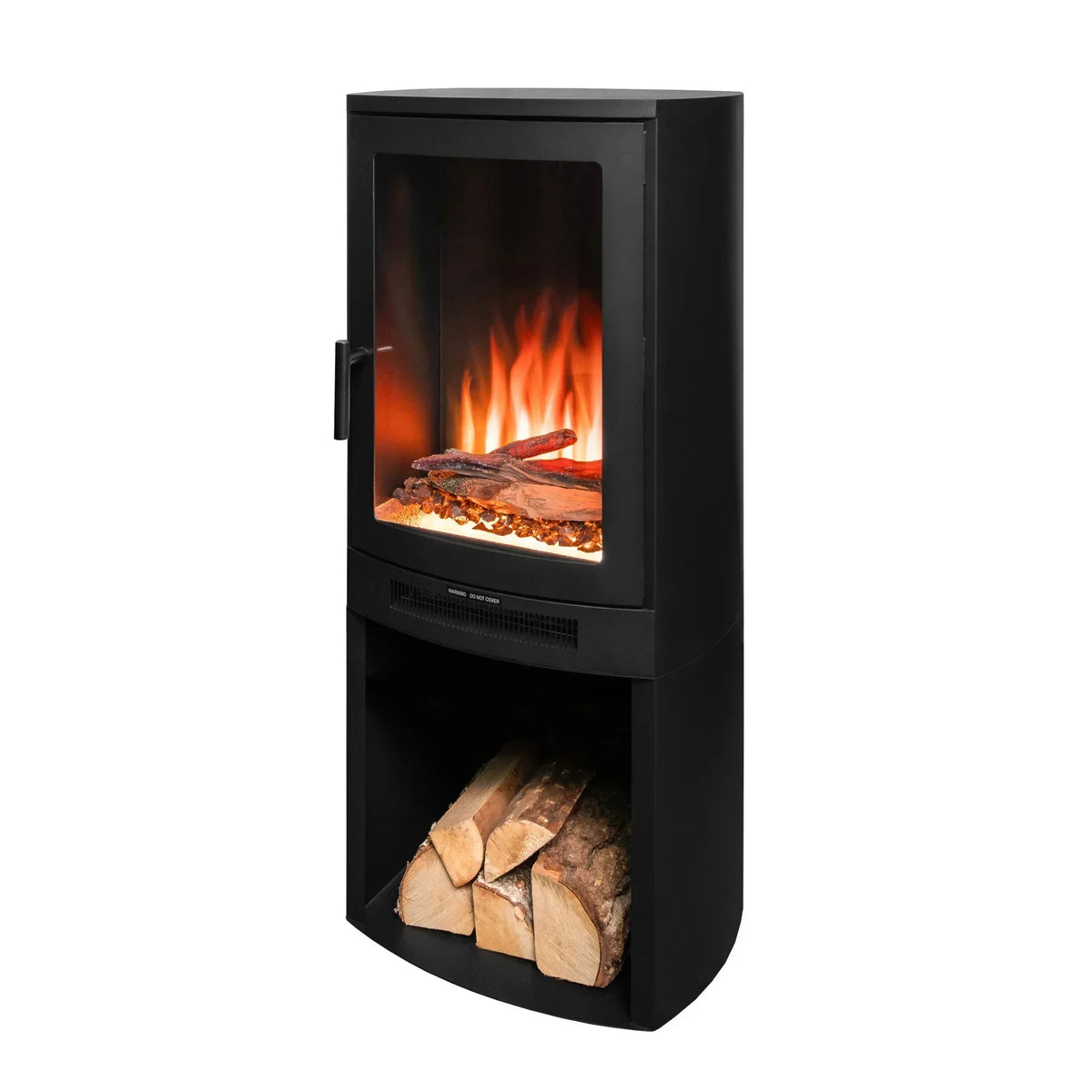 Black freestanding electric stove heater with log storage and flame effect