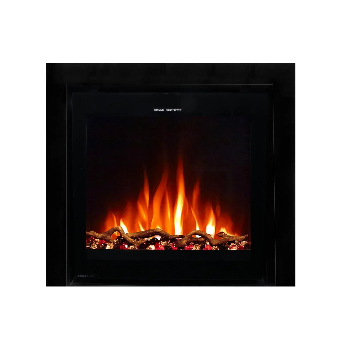 Modern electric fireplace insert with glowing logs and realistic flame effect