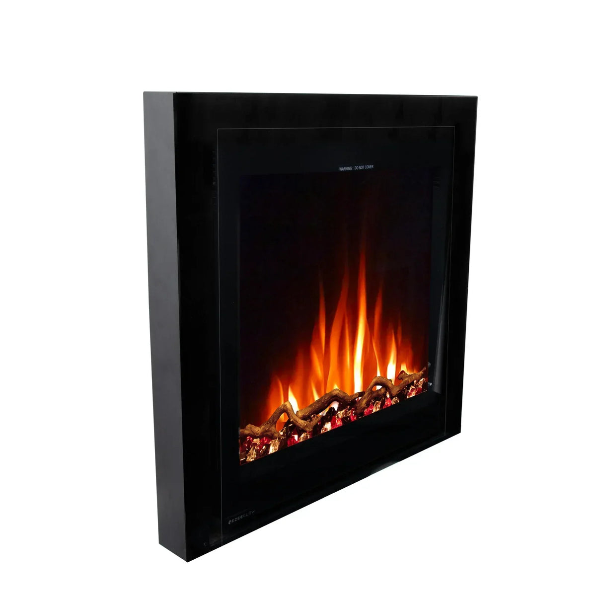 Black framed electric fireplace with realistic flame effect and log set, angled side view