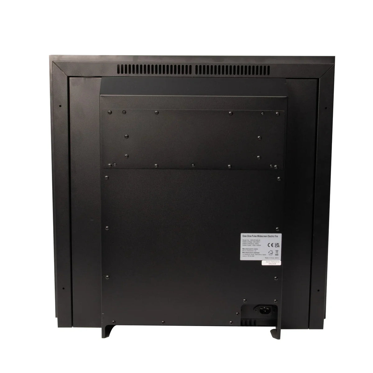 Back panel of black electric fire with power socket and ventilation slots