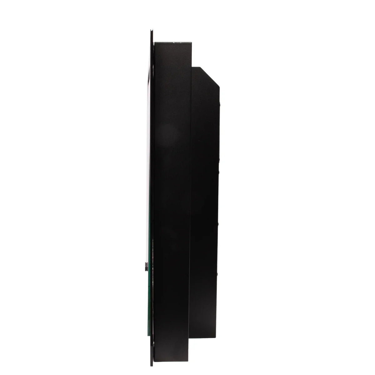 Side profile of black wall-mounted electric fire with slim frame