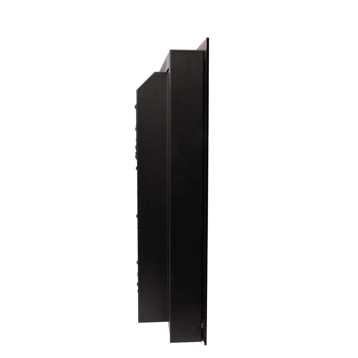 Black electric fireplace side profile showing slim modern frame and depth