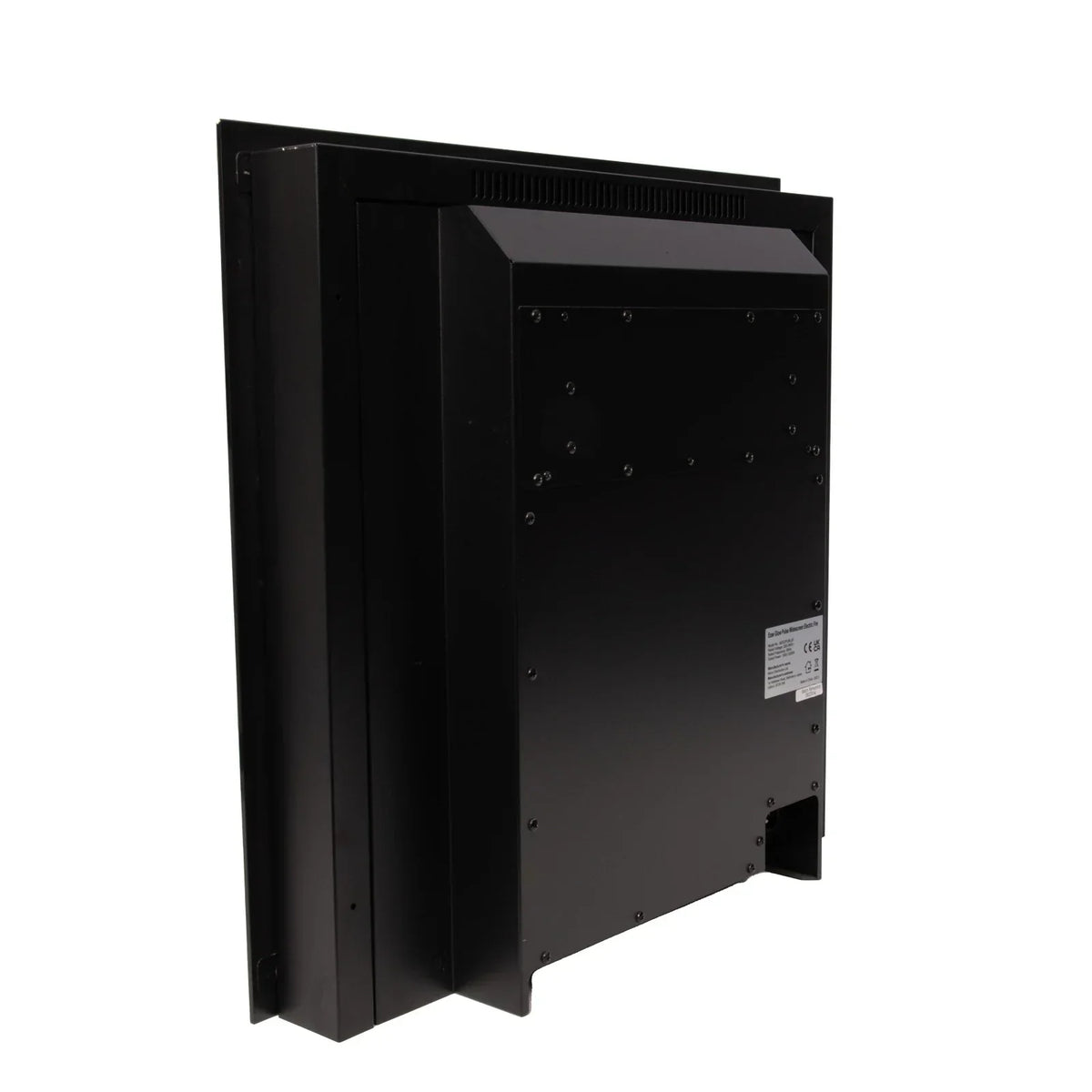 Black electric fireplace inset unit rear view with vent and mounting panel