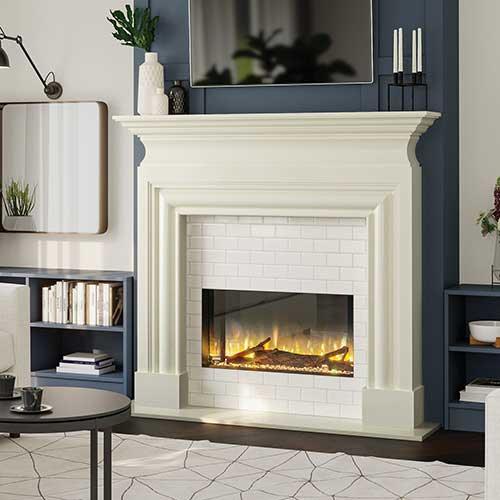 Electric fireplace with white mantel and brick pattern in modern living room setting