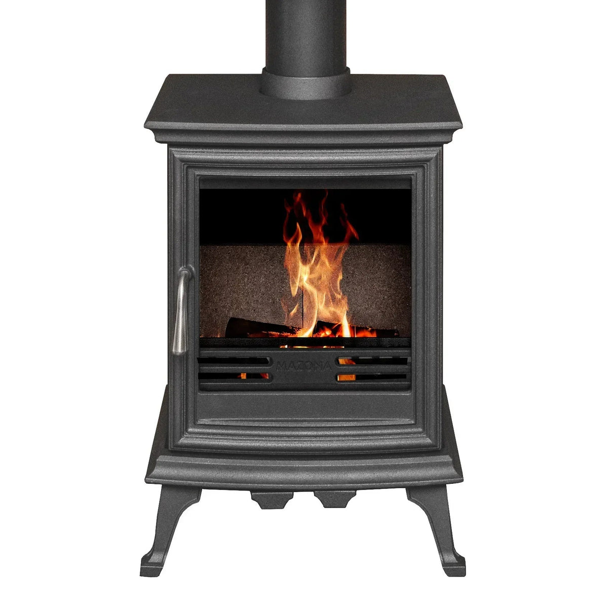 Black freestanding stove on ornate cast-iron legs, flames visible, front view