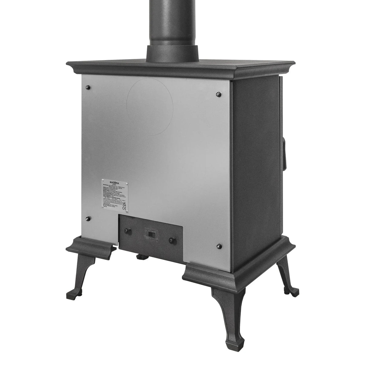 ashford stove back view showing grey metal panel and cast iron legs