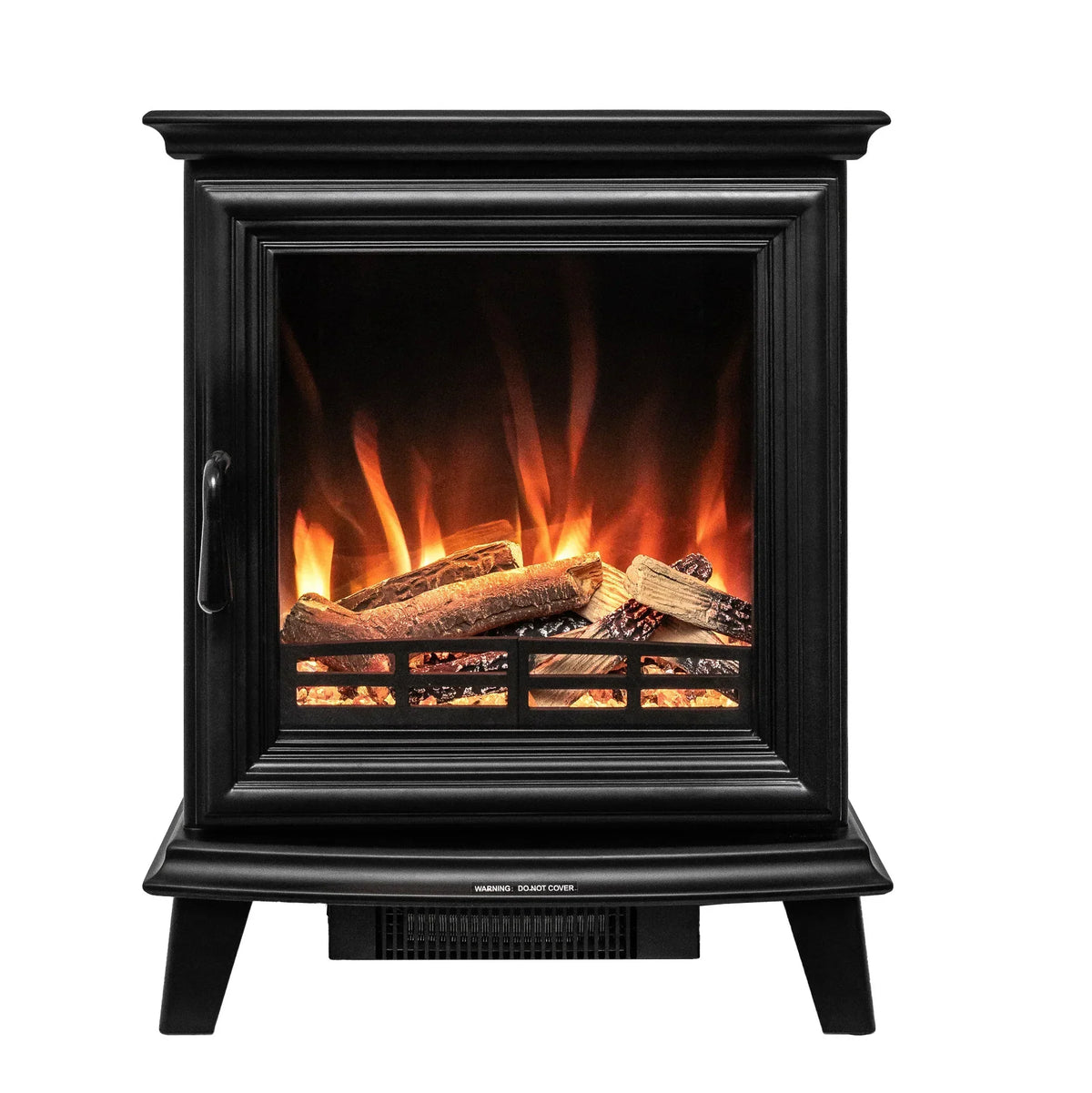 black electric stove heater with realistic flame effect and log feature on white background