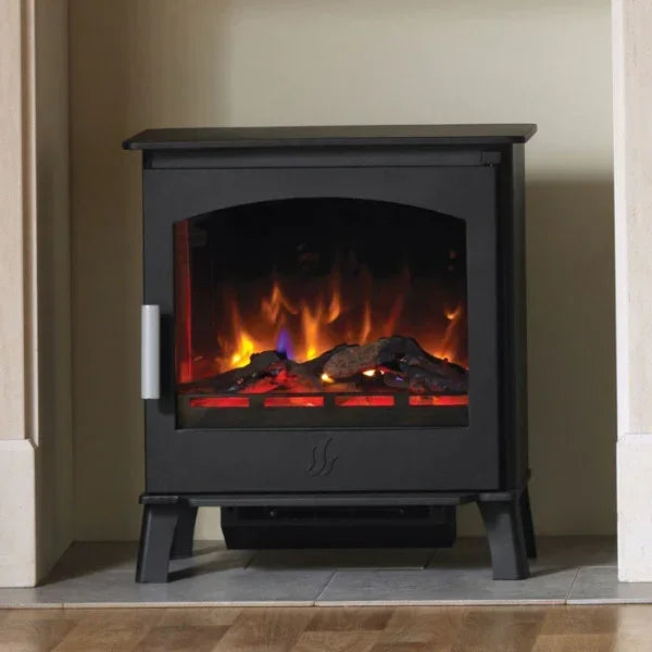 black electric stove fireplace with realistic flame effect and log detail in living room