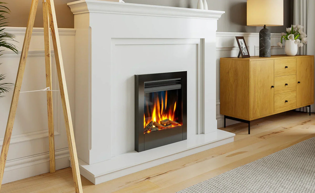 Contemporary white fireplace suite with black electric fire in modern living room setting