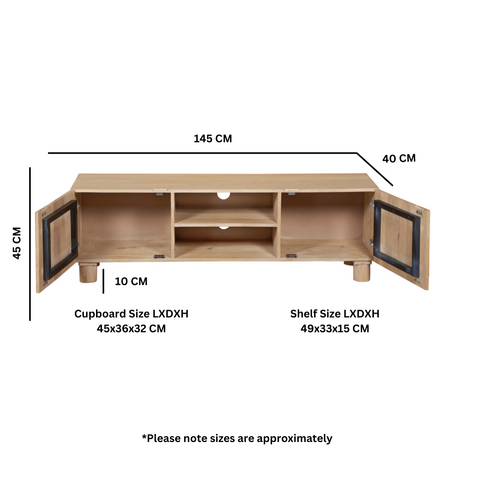 Austin Solid Wood TV Cabinet in light brown mango wood with fluted doors