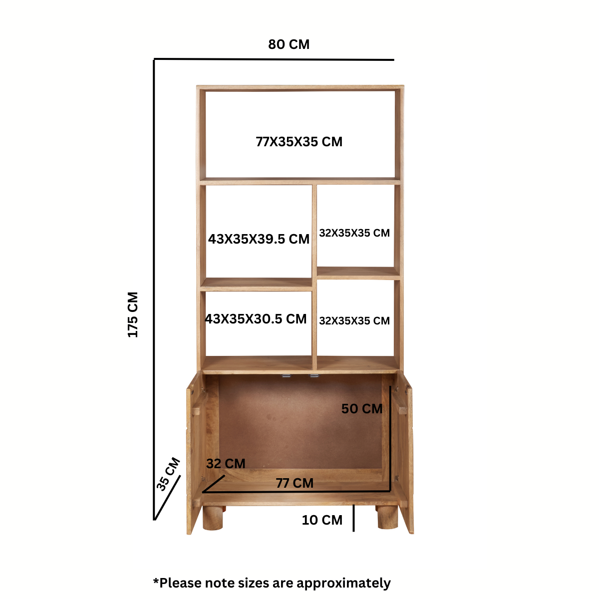 Austin Solid Wood Bookcase in mango wood with fluted pattern