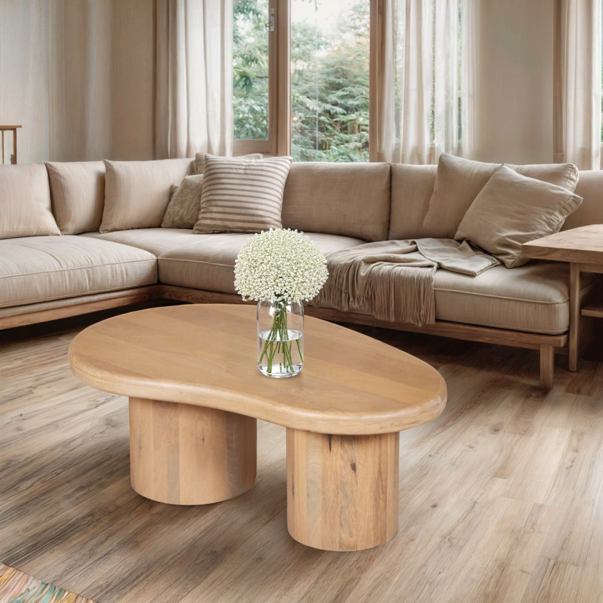 Austin Solid Wood Coffee Table in a stylish living room setting, showcasing its unique fluted design and natural mango wood finish.