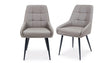 Pair of grey dining chairs with padded upholstery and black legs on white background