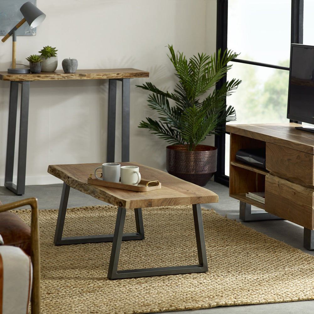 Baltic Live Edge Console Table made of solid acacia wood with a metal frame