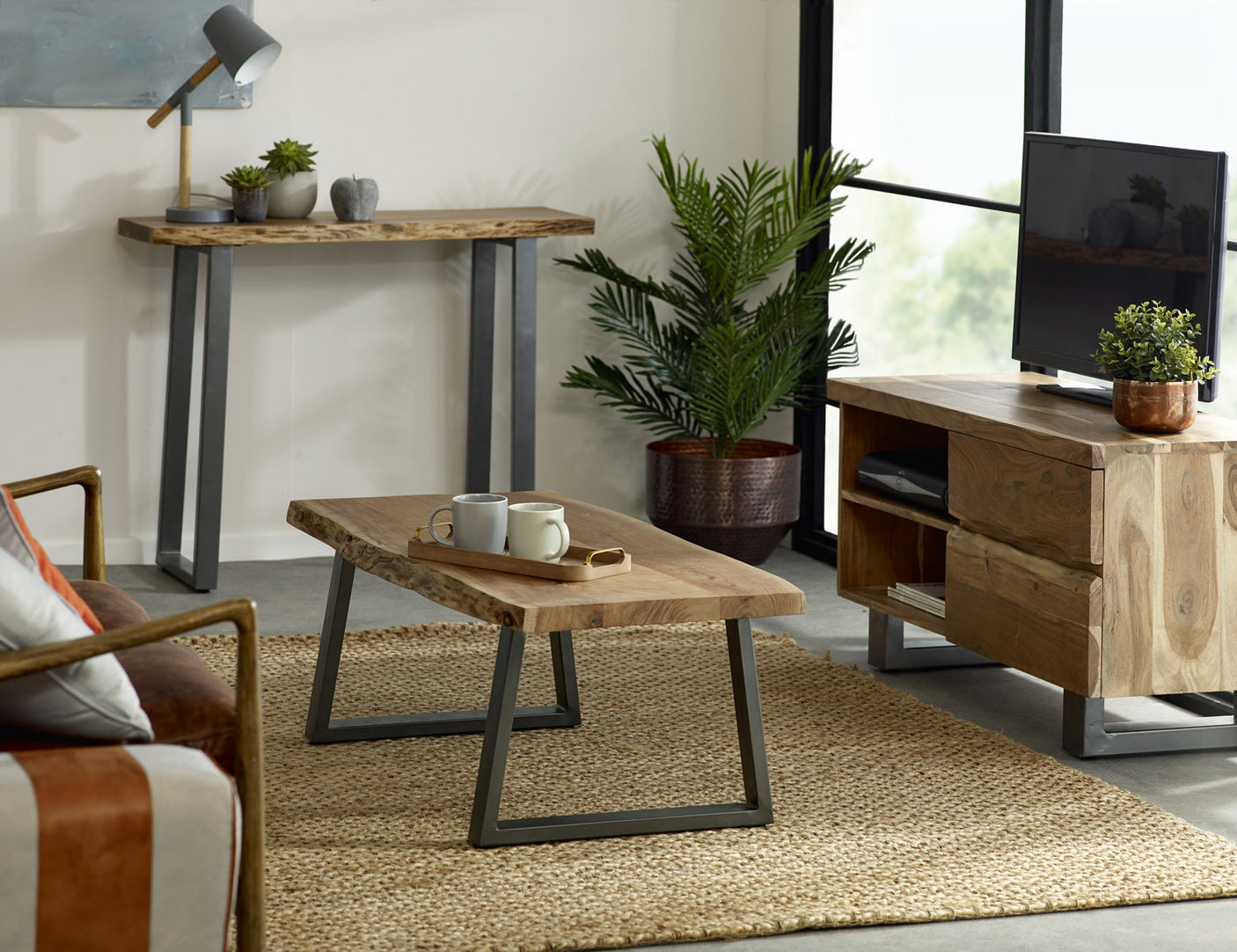 Baltic Live Edge Console Table made of solid acacia wood with a metal frame