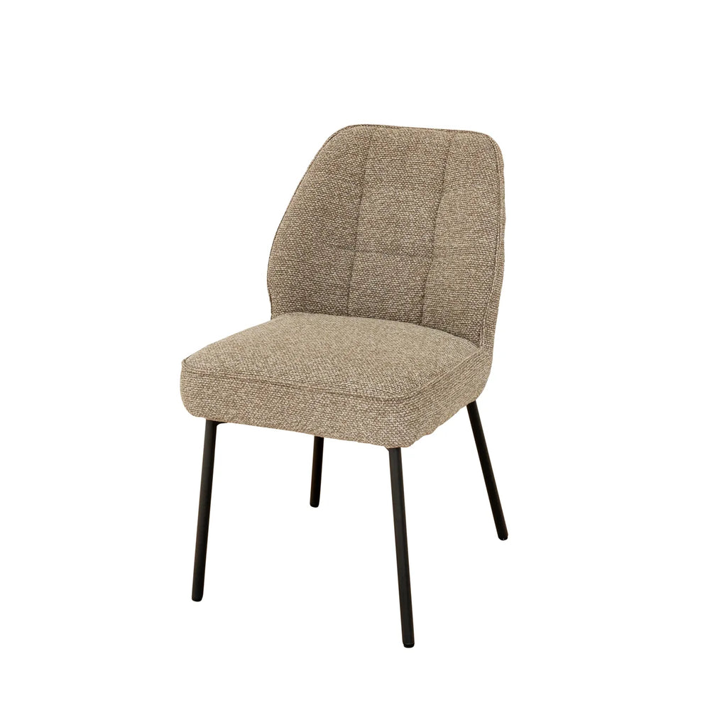 A modern dining chair upholstered in a textured beige bouclé fabric with a curved backrest and slim black metal legs, shown against a plain white background.