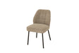 A modern dining chair upholstered in a textured beige bouclé fabric with a curved backrest and slim black metal legs, shown against a plain white background.