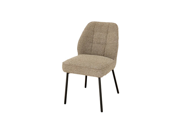 A modern dining chair upholstered in a textured beige bouclé fabric with a curved backrest and slim black metal legs, shown against a plain white background.