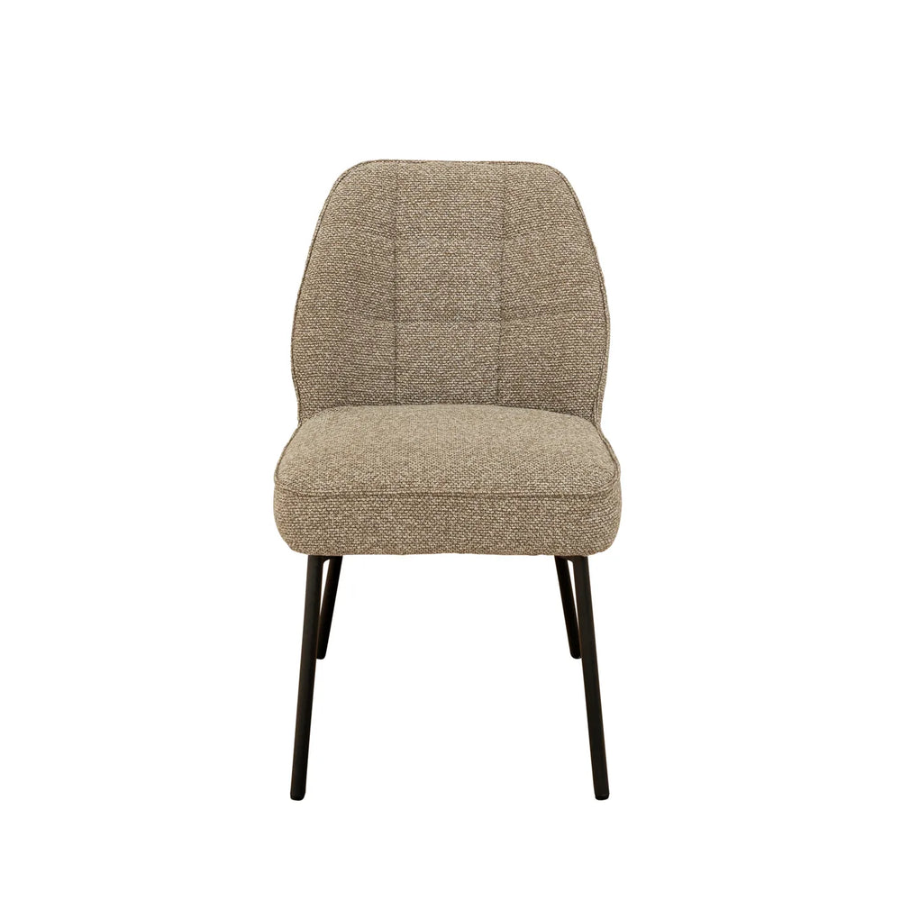 A modern dining chair with a textured beige bouclé upholstered seat and backrest, supported by slim black metal legs, shown against a plain white background.