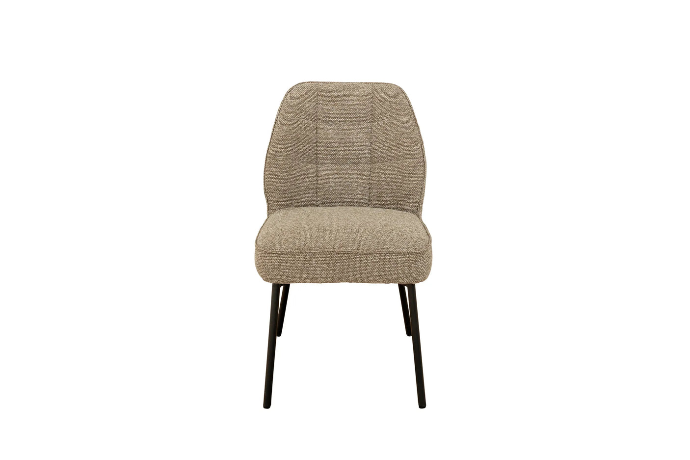 A modern dining chair with a textured beige bouclé upholstered seat and backrest, supported by slim black metal legs, shown against a plain white background.