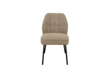 A modern dining chair with a textured beige bouclé upholstered seat and backrest, supported by slim black metal legs, shown against a plain white background.