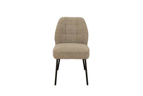 A modern dining chair with a textured beige bouclé upholstered seat and backrest, supported by slim black metal legs, shown against a plain white background.