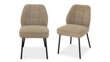 Two beige upholstered chairs with black legs on a white background