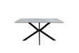 A rectangular dining table with a light gray marble-patterned top and a black metal X-shaped base, shown against a plain white background.