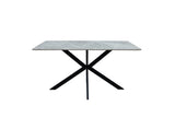 A rectangular dining table with a light gray marble-patterned top and a black metal X-shaped base, shown against a plain white background.