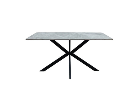 A rectangular dining table with a light gray marble-patterned top and a black metal X-shaped base, shown against a plain white background.