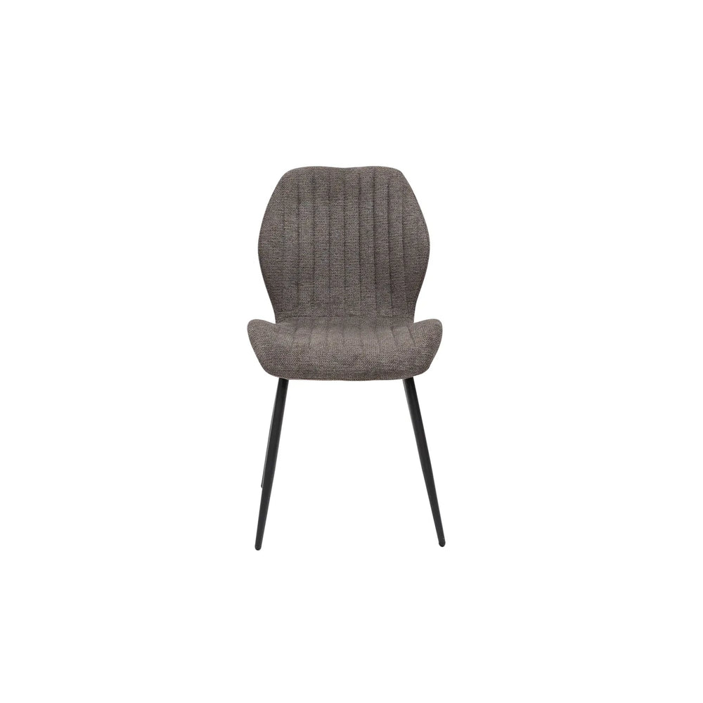 A modern dining chair with a textured gray upholstered seat and a curved, vertically ribbed backrest, supported by slim black metal legs, shown against a plain white background.