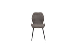 A modern dining chair with a textured gray upholstered seat and a curved, vertically ribbed backrest, supported by slim black metal legs, shown against a plain white background.
