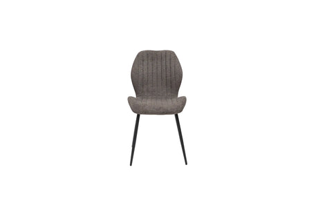 A modern dining chair with a textured gray upholstered seat and a curved, vertically ribbed backrest, supported by slim black metal legs, shown against a plain white background.