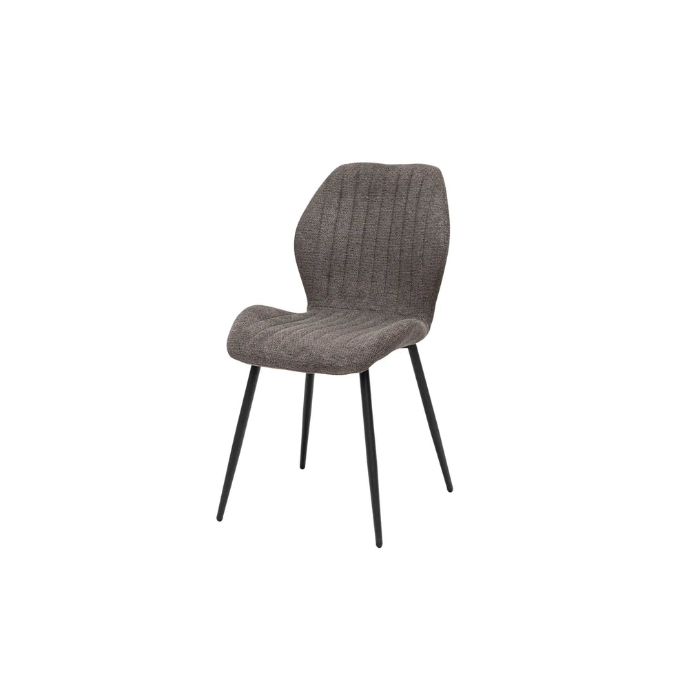 A modern dining chair with a textured gray upholstered seat and a curved backrest, supported by four slim black metal legs, shown against a plain white background.