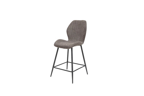 A modern bar stool with a textured gray upholstered seat and backrest, supported by a slim black metal frame with a footrest, shown against a plain white background.