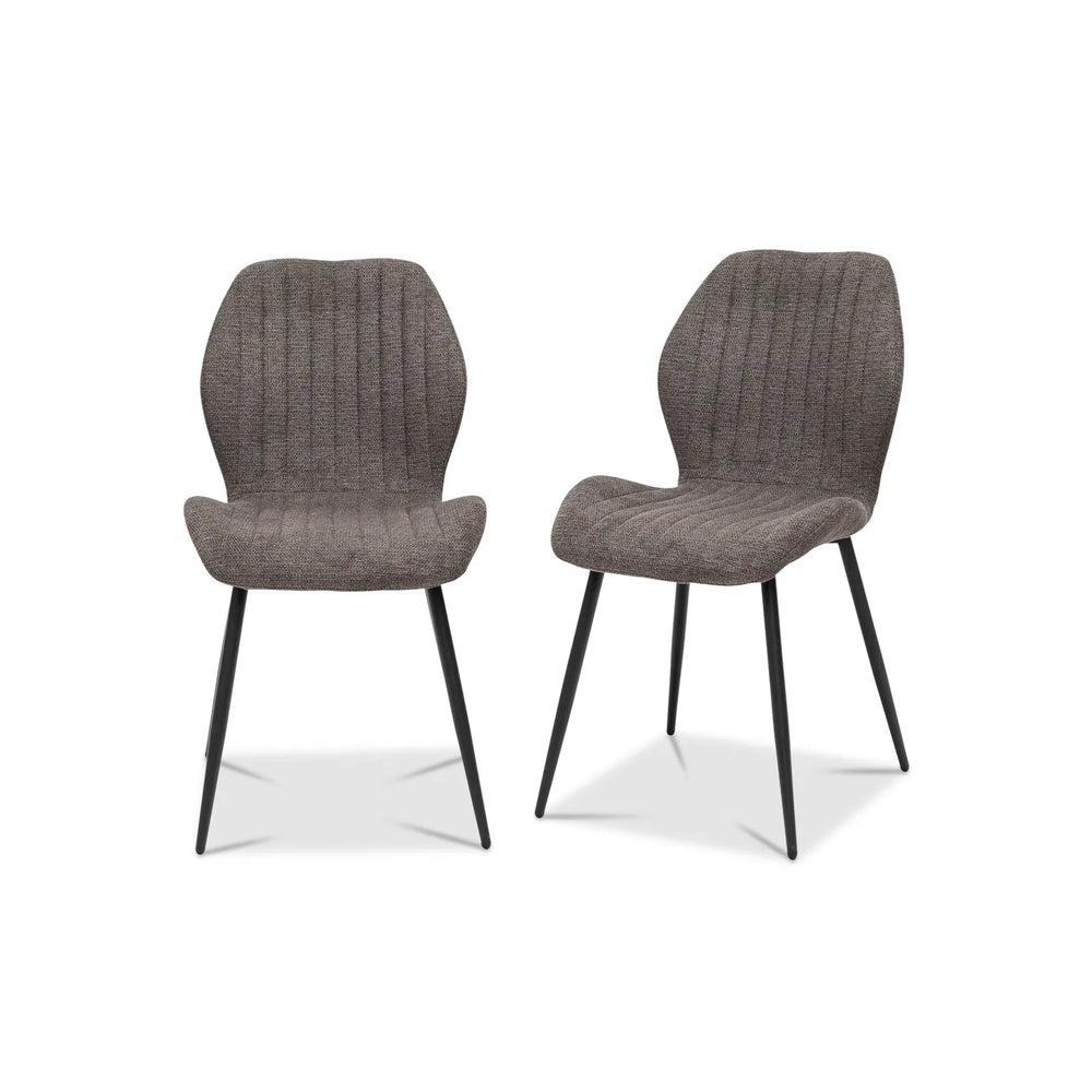 Two modern dining chairs with textured gray upholstered seats and backs and slim black metal legs, shown on a plain white background.