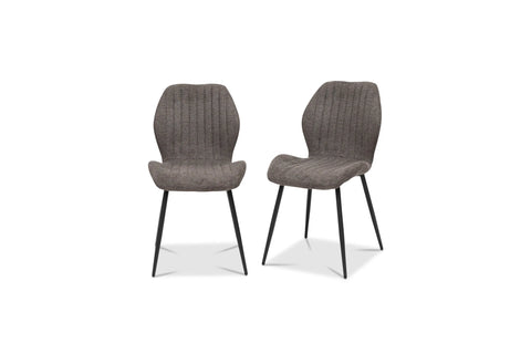 Two modern dining chairs with textured gray upholstered seats and backs and slim black metal legs, shown on a plain white background.