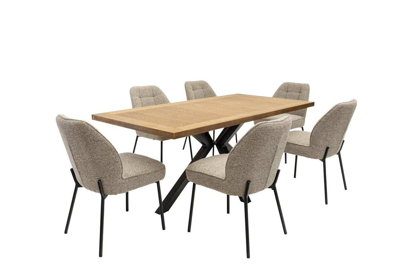 A 6-piece dining set featuring a rectangular light oak wood table with a black metal X-frame base, surrounded by six upholstered dining chairs in a textured beige fabric with black legs, shown on a solid white background.