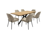 A 6-piece dining set featuring a rectangular light oak wood table with a black metal X-frame base, surrounded by six upholstered dining chairs in a textured beige fabric with black legs, shown on a solid white background.