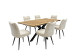A 7-piece dining set featuring a rectangular light oak wood table with a black metal X-base and six upholstered dining chairs in a textured beige fabric with black legs, shown on a solid white background.