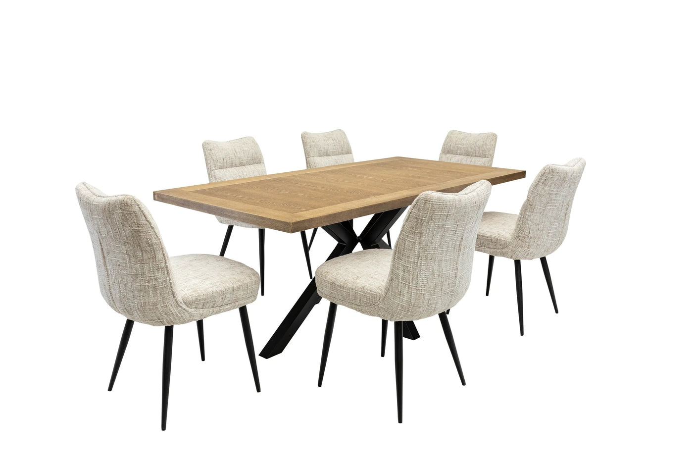 A 7-piece dining set featuring a rectangular light oak wood table with a black metal X-base and six upholstered dining chairs in a textured beige fabric with black legs, shown on a solid white background.