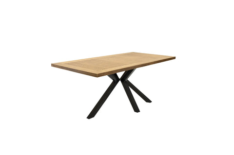 Wooden table with black metal legs on a white background