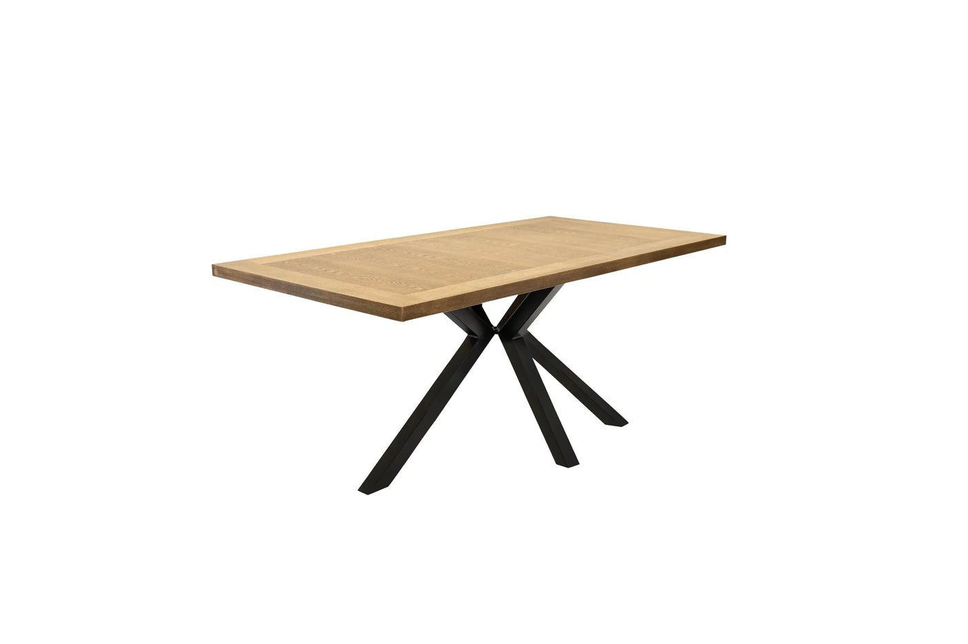 Wooden table with black metal legs on a white background