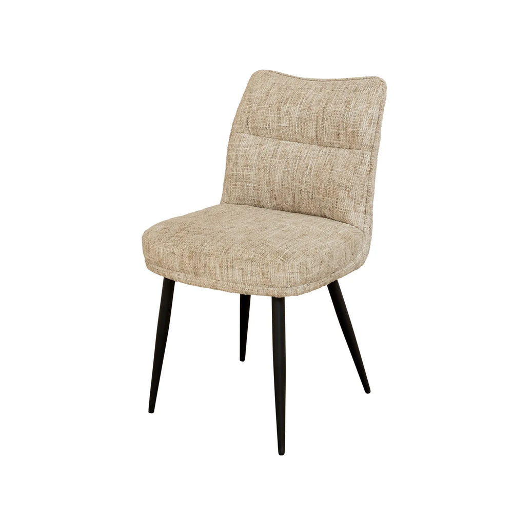 An upholstered dining chair with a textured beige fabric seat and backrest, supported by four tapered black metal legs, shown against a plain white background.