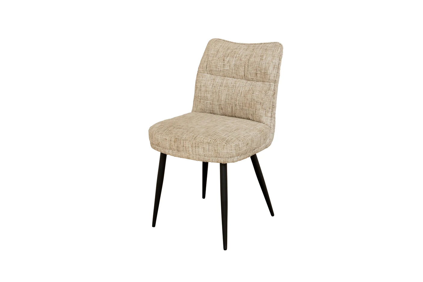 An upholstered dining chair with a textured beige fabric seat and backrest, supported by four tapered black metal legs, shown against a plain white background.