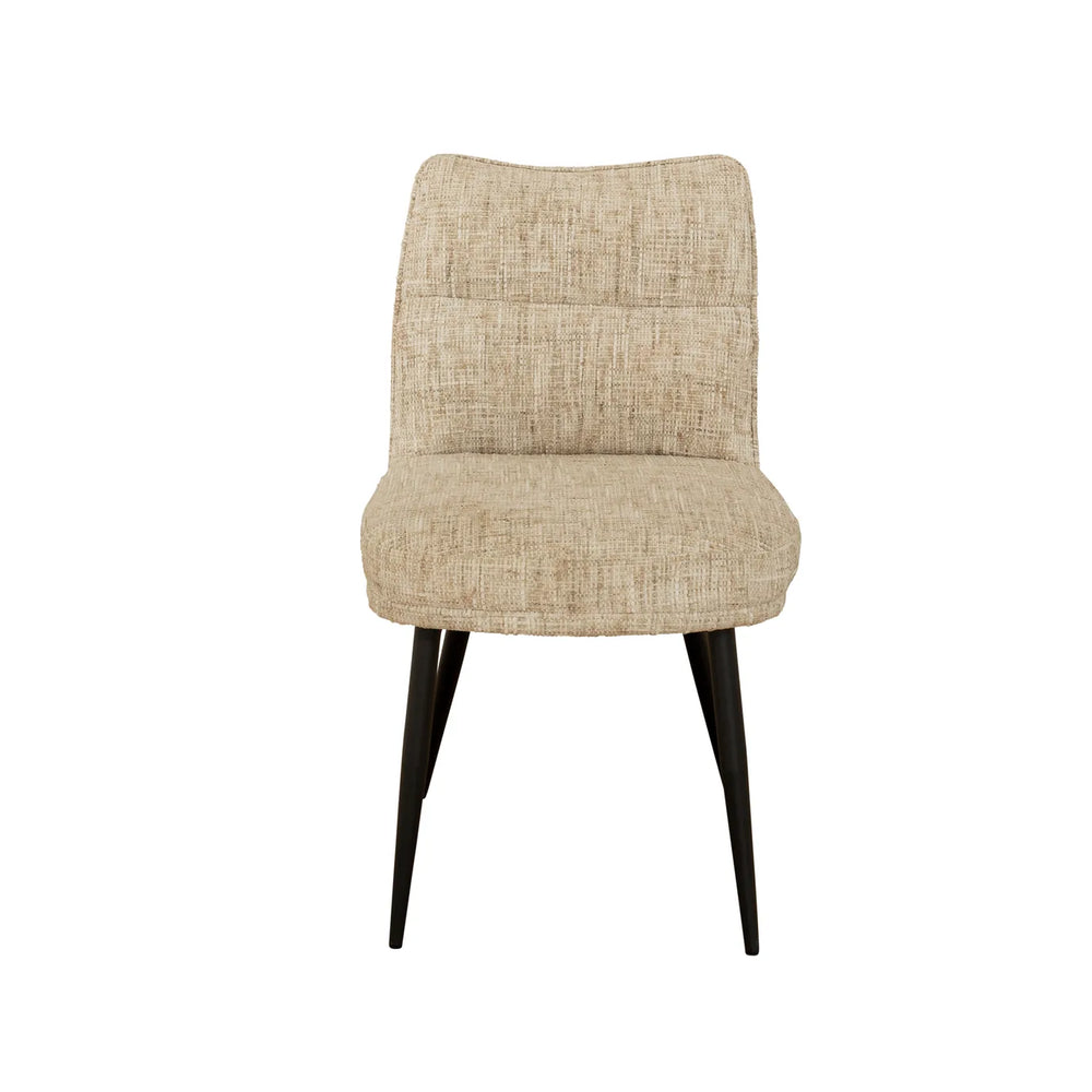 A modern accent chair with a textured beige bouclé upholstered seat and backrest, supported by four tapered black metal legs, shown against a plain white background.