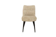 A modern accent chair with a textured beige bouclé upholstered seat and backrest, supported by four tapered black metal legs, shown against a plain white background.