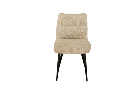 A modern accent chair with a textured beige bouclé upholstered seat and backrest, supported by four tapered black metal legs, shown against a plain white background.