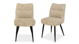 Two upholstered dining chairs with textured beige fabric seats and backs and black tapered legs, shown on a clean white background.